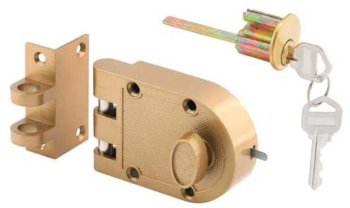 Prime-Line U 9970 Deadlock – Jimmy-Resistant Design Prohibits Forced Entry by Spreading of Door Frames – Single Cylinder Diecast Metal Lock With a Brass Finish and Angle Strike (Single Pack)