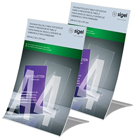 Sigel TA161 Tischaufsteller A5 schräg - bruchsicher - 2 Stück, platzsparend zusammenklappbar, geeignet für Messen, Hartplastik glasklar , Werbeaufsteller