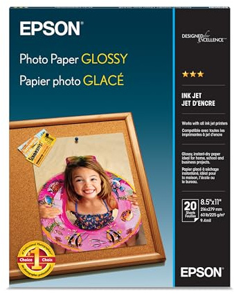 Epson Photo Paper Glossy, 8.5 x 11 Inches, 20 sheets (S041141), White, One Size