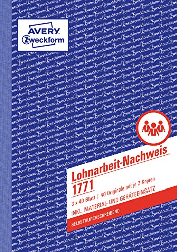 AVERY Zweckform 1771 Lohnarbeit-Nachweis (A5, selbstdurchschreibend, für Deutschland u. Österreich, von Rechtsexperten geprüft und Finanzamt anerkannt, zur Stundenerfassung, 3x40 Blatt) weiß/gelb/rosa