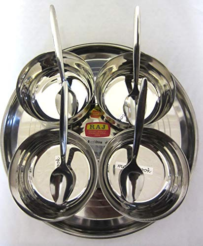 9 Piece Relish BBQ Pickle Sauce Chutney,Dip Server Dishes in Stainless Steel Thali & Small Katoris(Bowls)