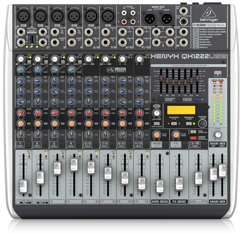 Behringer XENYX QX1222USB Premium 16-Input 2/2-Bus Mixer with XENYX Mic Preamps and Compressors, Klark Teknik Multi-FX Processor, Wireless Option and USB/Audio Interface