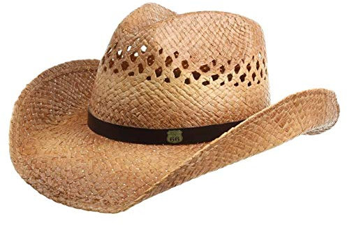 Conner Chapeau Western Route 66 Femme/Homme - D'Ete Chapeaux de Paille Rodeo avec Bandeau en Cuir Ete Printemps-ete - S/M (54-57 cm) Nature