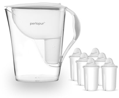 perlopur® Wasserfilter Fashion (weiß) +6 Filterkartuschen Universal | 3,3 l ges., 1,6 l gefiltert, Einfüllverschluss, BPA-frei, für classic Kartuschen, reduziert Kalk, Chlor & andere Schadstoffe