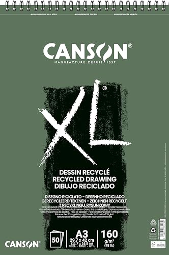 Canson 200777129 XL Recyclé Blocks, leicht gekörnt, 160 g/m², 50 Blatt pro Block Spirale an der kurzen Seite, 297 x 420 mm, weiß