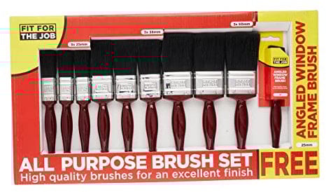 Fit For The Job 9 piece All Purpose Mixed Bristle Paint Brush Set + Free Window Brush for a Smooth Finish Painting with Emulsion, Gloss and Satin Paints on Walls, Ceilings, Wood and Metal