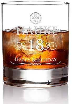 AMAVEL Whiskyglas mit Gravur zum Geburtstag, Elegant, Personalisiert mit Namen, Jahr und Alter, Tumbler aus Klarglas, Geschenkideen für Ihn, Männergeschenke, 320 ml