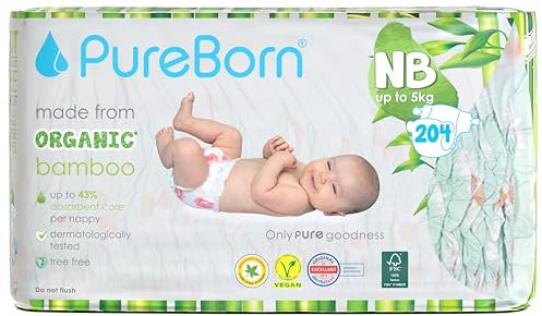PureBorn 204 Windeln Größe 1 (0-5 kg) – Ultra-Saugfähig, Hypoallergen, Weich & Sanft für Neugeborene (0-3 Monate) – Dermatologisch Getestet, Auslaufsicher, Umweltfreundlich aus Bambus