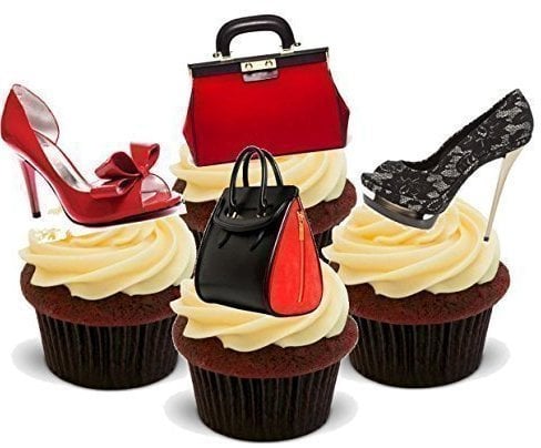 12 x Red Black Handbag Shoes Mix - Fun Novelty Birthday PREMIUM STAND UP Edible Wafer Card Cake Toppers Decoration