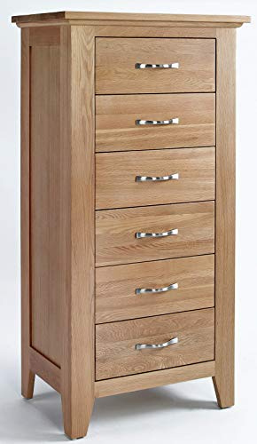 Hallowood Furniture Camberley Oak Tall Boy, Chest of Drawers in Light Oak | Narrow 6 Drawers Chest, Solid Wooden Tall Bedroom Storage Unit w/ Metal Handles Easy Sliding, Living Room & Hallway Furniture