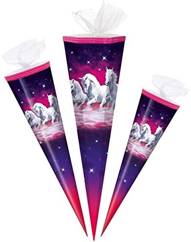 alles-meine.de GmbH Schultüte - Traumpferde Pferde - 85 cm 6-eckig - mit/ohne Kunststoff Spitze - Tüllabschluß - Zuckertüte - für Mädchen Pferd Traumpferd Schimmel Tiere lila