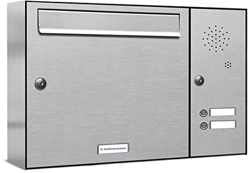 AL Briefkastensysteme 1er Briefkasten mit Klingel V2A Edelstahl, Premium Briefkasten DIN A4, 1-Fach Postkasten modern Aufputz