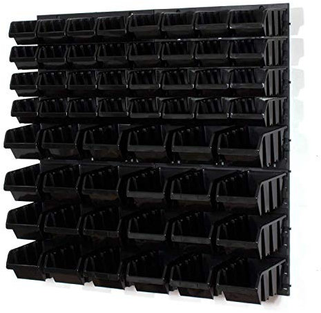 Set of 32 S and 24 M size IN-Box storage bins and wall mounted louvre