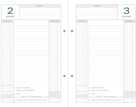 Exacompta - Recharge Agenda perpétuel de Caisse 14,8x21cm - 12 feuillets | 1 jour/page, Sans horaire, Pour noter les recettes et dépenses, Papier blanc Clairefontaine