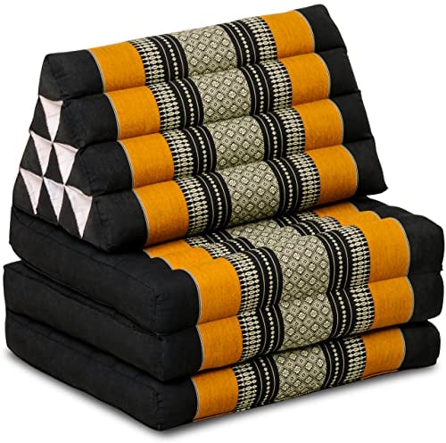 livasia Thaikissen mit 3 Auflagen - 175x50x8cm - Dreieckskissen mit Klappmatratze, Keilkissen Kapok, Rückenkissen faltbar, Thaimatte zum Klappen, handgefertigt, Meditationskissen (Schwarz/Orange)