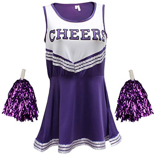 Cheerleader Fancy Dress Outfit Uniform High School Costume With Pom Poms Purple Cheerleader, Medium