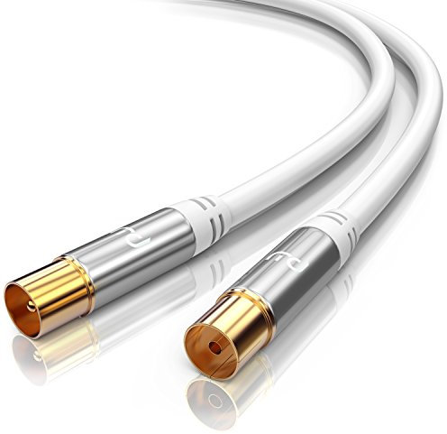 CSL-Computer 2m Cable de Antena HQ HDTV Premium - Factor de blindaje 135 dB - Resistencia 75 ohmios - Cable coaxial - Clavija coaxial Macho a Hembra - Carcasa metálica contactos Dorados - Blanco