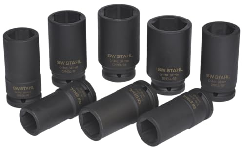 SW-Stahl 07910L Impact-Steckschlüssel-Satz, 3/4 Zoll Sechskant, 8-tlg. | Schlagschrauberfest aus Chrom-Molybdänstahl, lange Ausführung 22-38 mm, inkl. Kunststoffkassette für Außensechskant
