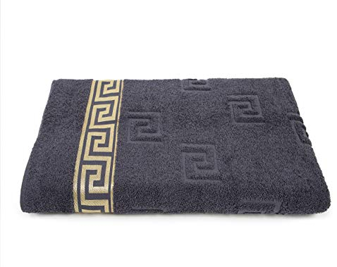 Arle-Living Luxus Medusa Saunatuch 100x200 cm - Anthrazit/Anthrasite, 100% Baumwolle, Hochflor, Goldene Medusa Bordüre, Flachprägung, Saugfähig, 60° Wäsche, Trockner geeignet