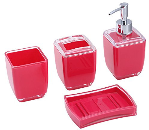 4 Pc Square Bathroom Accessory Set Soap Dish Dispenser Tumbler Toothbrush Holder (202) (Hot Pink)