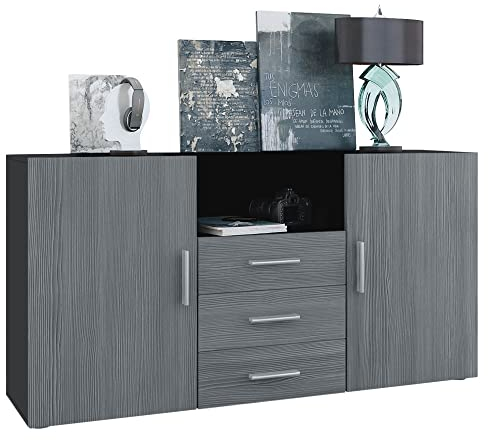 Vladon Sideboard Skadu, Kommode mit 2 Türen, 3 Schubladen und 1 offenem Fach, Schwarz matt/Avola-Anthrazit (138,5 x 71,5 x 35 cm)