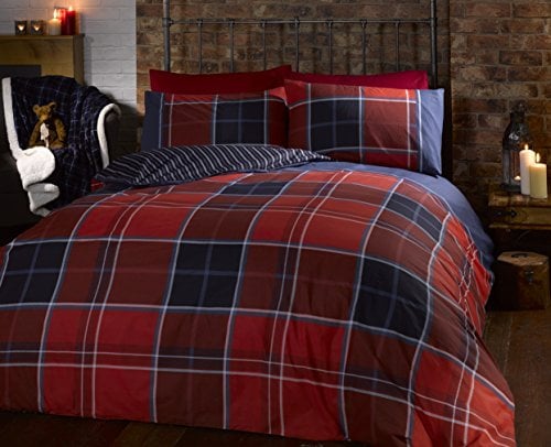 Rapport Home Tartan à Motifs Losanges Parure de lit, Polyester et Coton, Rouge, King