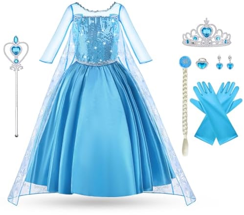 Vicloon Elsa Costume, Set da Principessa Elsa Corona Bacchetta Guanti Treccia, Ragazze Elsas Principessa delle Neve Abiti Partito Vestito Costume