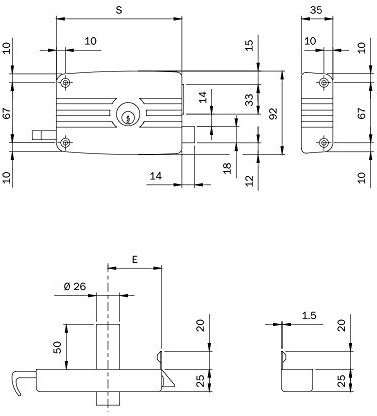 Serrure fer à appliquer Art. 432 Serrure pour bois, Cylindre Intérieur fixe, Cane séparé avec tirette intérieur et rappel avec clé extérieur. Dotée de buse, Capsule et trois clés.