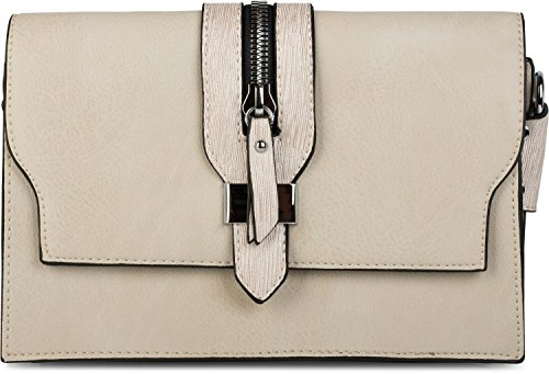styleBREAKER Clutch Umhängetasche mit abgesetzter Schnalle und Reißverschluss Applikation am Deckel, Handtasche, Tasche, Damen 02012157, Farbe:Creme