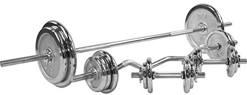 GORILLA SPORTS® Hantelset 108 kg mit Langhantel, SZ-Stange und Kurzhanteln | 18 Chrom-Hantelscheiben, 30-mm-Aufnahme, Langhantel 170 cm, SZ-Stange 120 cm, 2 Kurzhanteln und 8 Sternverschlüsse
