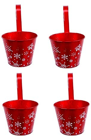 Geschenkestadl Hängetöpfe 4er Set Blumentopf 16 cm in Rot mit Schneeflocken Design Übertopf Weihnachten