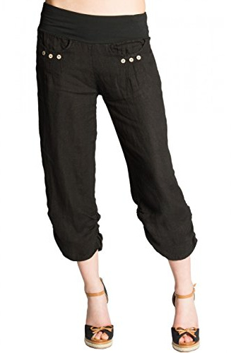 Caspar KHS017 Damen 3/4 Leinen Hose, Farbe:schwarz, Größe:XL - DE42 UK14 IT46 ES44 US12
