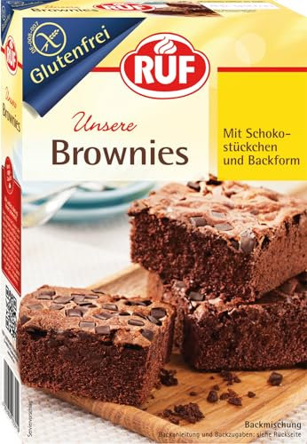 RUF Glutenfreie Brownies Backmischung für American Chocolate Brownie mit Schokostücken inkl. Backform, Zöliakie geeignet, vegan
