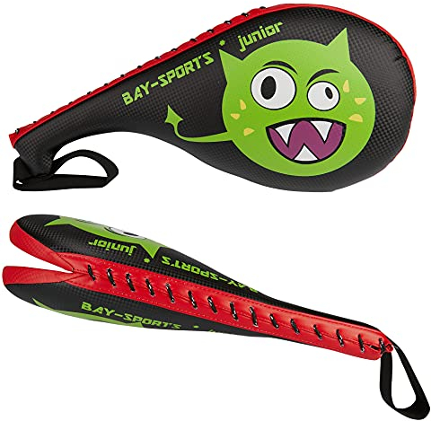 BAY® GREEN ALIEN MOTIVATION Speziell für KINDER LEDER PU Mitt Doppel Double Hand Schlag Pratze Doppelpratze Doppelmitt Schlagmitt Schlagpolster Schlagkissen Taekwondo Kickboxen Tae Kwon Do Handpratze Pratze Doppelpolster Handmitt Doppelschlagpolster Kids gelb