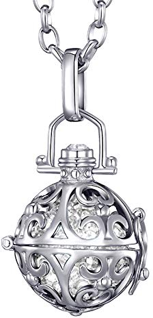 Morella Damen Halskette Edelstahl 70 cm mit Ornament Anhänger und Klangkugel Zirkonia weiß Ø 16 mm in Schmuckbeutel