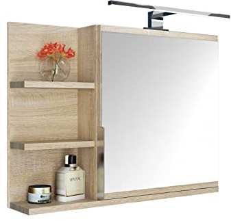 DOMTECH Badezimmer Spiegelschrank mit Ablagen und LED Beleuchtung, Badezimmerspiegel, Eiche Sonoma Spiegelschrank, L
