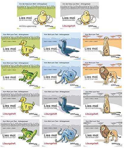 Alle Lies mal! Hefte + Lösungshefte Küken, 1 Ente, 2 Frosch, 3 Robbe, 4 Krake, 5 Erdmännchen, 6 Löwe