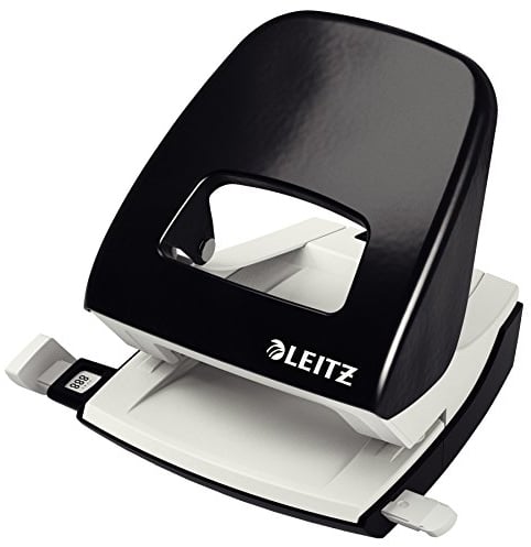 Leitz Büro Locher aus Metall, Für 30 Blatt, Anschlagschiene mit Formatangaben, Ergonomisches Design, schwarz, 50086095