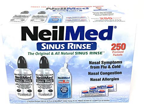 NeilMed Sinus Rinse - 2 squeeze Bottles 240mL (8fl oz) & Nasamist Saline Spray 75mL - 250 Premixed Packets - BONUS Nasa Mist Saline Spray - Value Pack