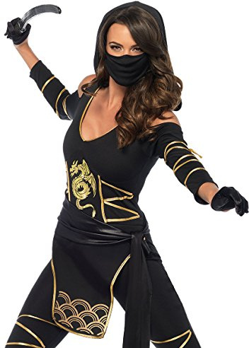 Leg Avenue Women's 3 Pc Stealth Ninja Costume with Hooded Cold Shoulder Catsuit, Small, Black/Gold