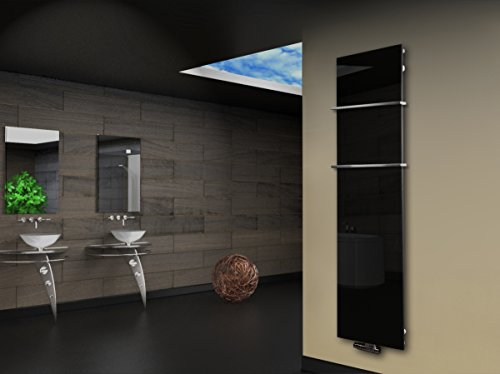 Badheizkörper mit Glas Design Montevideo 3 Glasfront 180x47cm 1118 Watt schwarz (+2 Halter 15mm) SZAGATO Handtuchwärmer Handtuchtrockner Handtuchhalter Paneelheizkörper vertikal Mittelanschluß