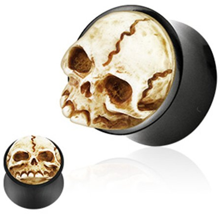 BlackAmazement Unisex 3D Flesh Tunnel Plug Inlay Piercing Organisch Büffel Horn Knochen Kunststoff Skull Totenkopf Gothic (Größe: 12 mm)