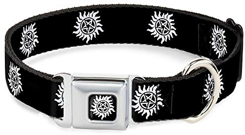 Dog Collar Seatbelt Buckle Winchester Pentagram Repeat Black White 15 to 26 Inches 1.0 Inch Wide, DC-WSN005-L