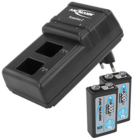 ANSMANN Chargeur Powerline 2 / Chargeur enfichable puissant pour deux accus 9V / charge rapide avec surveillance de chaque plot de charge, protection contre la surcharge et affichage LED / livré avec 2 accus 300mAh