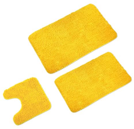 WohnDirect Badematten Set 3tlg - 3X Badvorleger (45x45 + 50x80 + 60x100cm) - Badteppich rutschfest & Waschbar - MIT WC Ausschnitt - Gelb