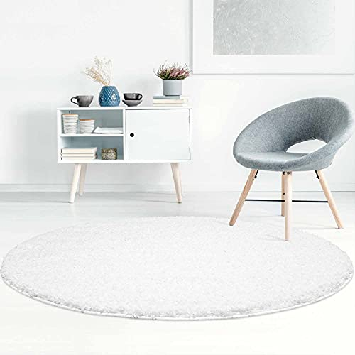 carpet city Hochflor Teppich Shaggy Einfarbig Weiß - 80x80 cm Rund - Flauschig & Weich - Wohnzimmerteppiche - Langflorteppich Schlafzimmer Uni Modern
