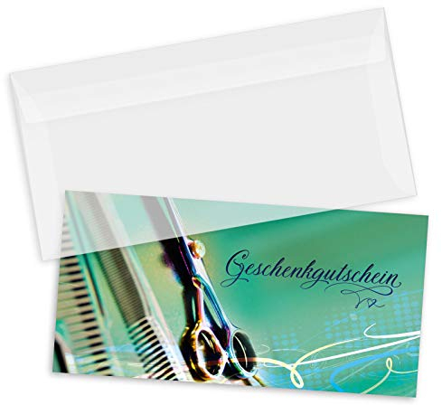 GESCHENKGUTSCHEINcom by POS-HAUER. Gutschein-Set. 50x Gutschein + Kuvert. Für Coiffeure Haarstudios Friseure Dienstleister, blanko zum selber Ausfüllen.