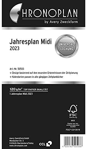 Chronoplan 50503 Kalendereinlage 2023, Jahresplan im Midi Format (96x172mm), Ersatzkalendarium, ideal für übersichtliche Jahresplanung, Universallochung, zum Aufklappen (mit Leporello-Falzung), weiß
