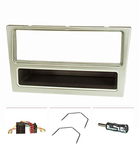 tomzz Audio 2439-072 Juego de Panel de Radio Compatible con Opel Corsa C Combo Omega B Vectra C Meriva Cromado Mate con Adaptador de Radio Adaptador de Antena ISO Soporte de desbloqueo ISO DIN