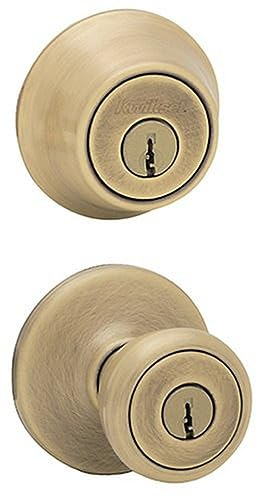 Kwikset 695 Tylo Türknauf und Doppelzylinderriegel, Kombi-Pack aus antikem Messing
